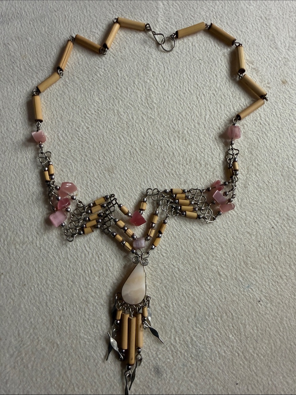 Handcrafted Pink and Cream Beaded Statement Necklace